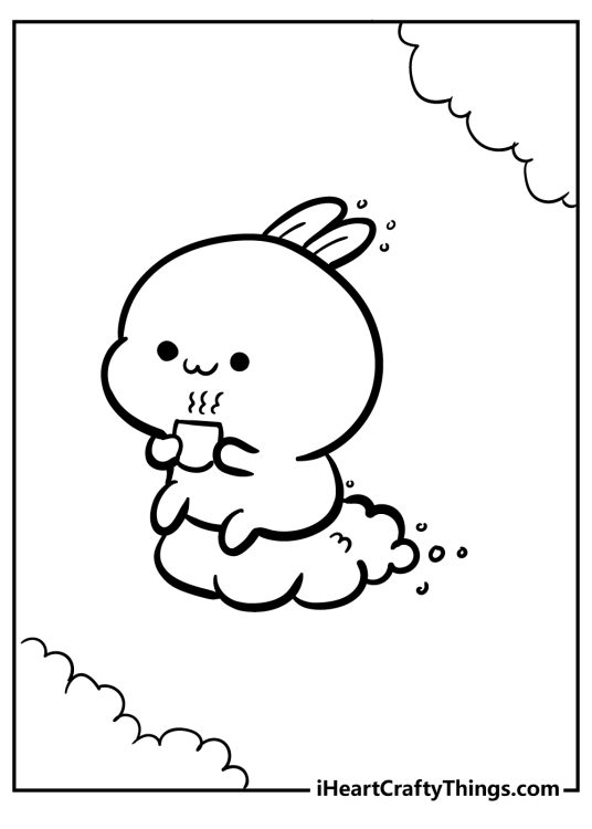 Kawaii bunny having drink on the cloud free coloring sheet for kids