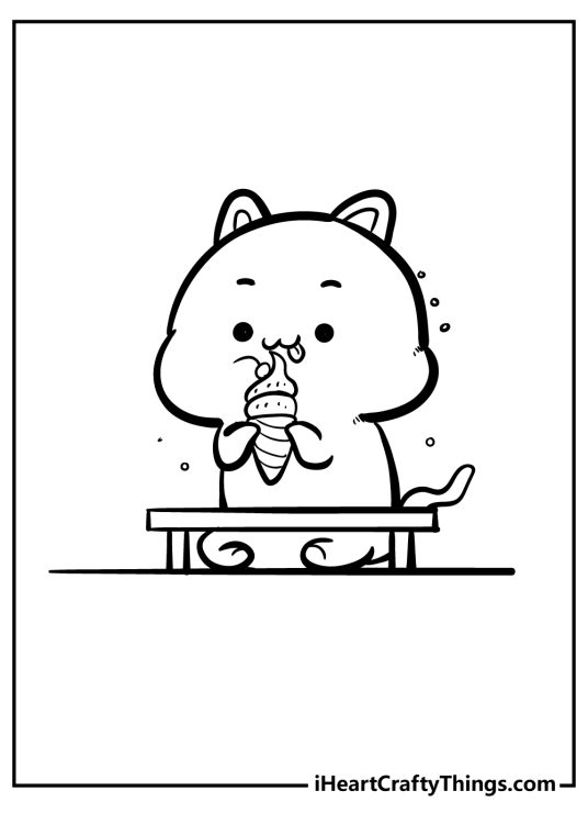 Kawaii bunny eating ice cream by the table free coloring page
