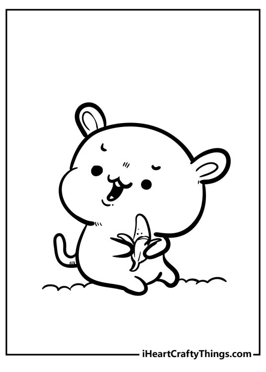 Kawaii monkey sitting on a grass etaing banana coloring page to print