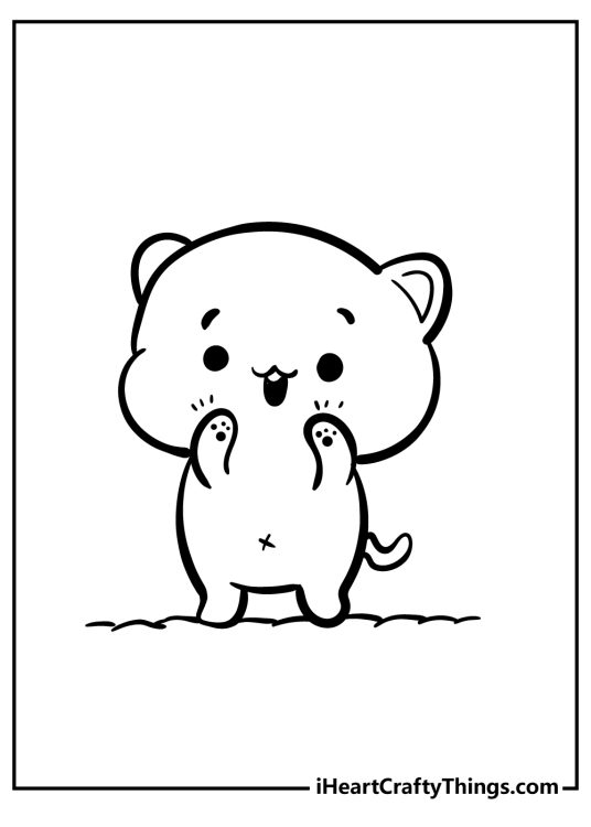 Kawaii playful standing kitten with paws up in the air coloring sheet to print