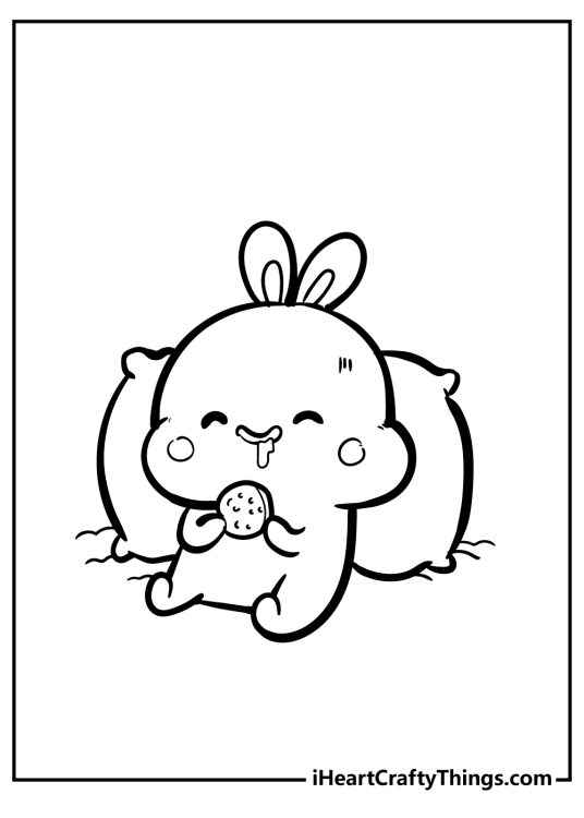 Coloring page for kids with kawaii rabbit chilling on a pillow and eating cookie