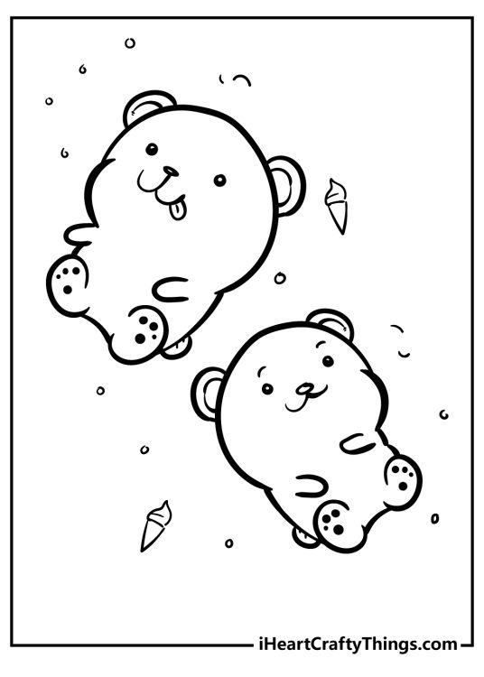 Animal-themed coloring page with two kawaii happy teddy bears just eaten their ice creams
