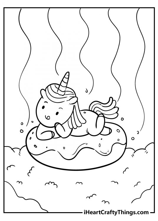 Little kawaii unicorn laying on a large doughnut coloring page for children