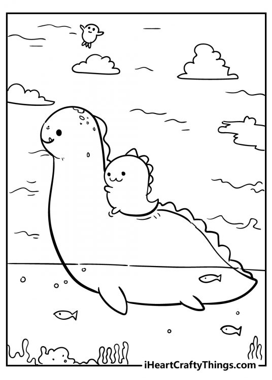 Free printable sheet of kawaii mom dinosaur swimming in a lake with a baby dinosaur sat on the back