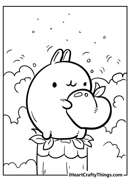Animal-themed printable coloring sheet featuring kawaii bunnie sitting on a tree stump holding an apple