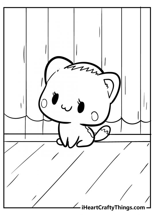 Little kawaii kitten sitting on a wooden floor free printable for children