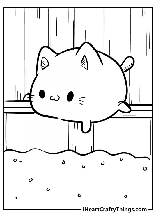 Free printable of a daydreaming little kawaii cat laying on a bench