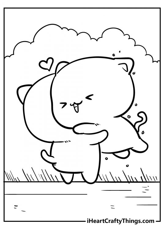 Animal-themed printable sheet featuring two happy kawaii kittens hugging each other
