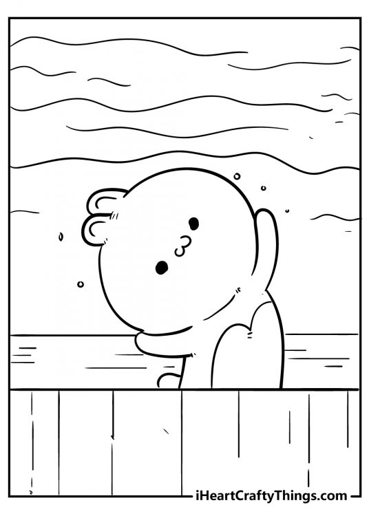 Printable sheet featuring kawaii little bunny standing behind the fence with hands up