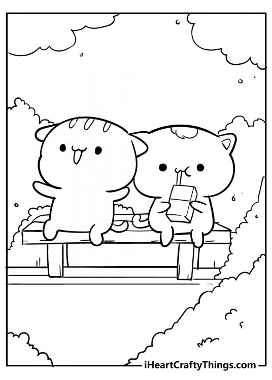 Two happy kawaii kittens sat on the bench in a park drinking juice coloring page