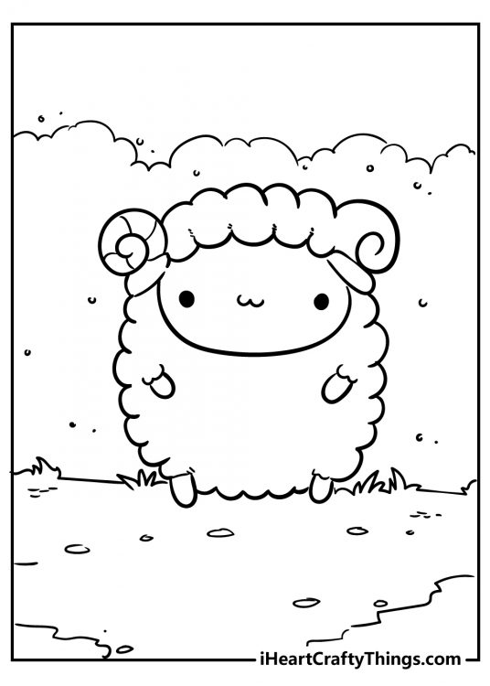 Free animal-themed printable featuring kawai sheep in a forest
