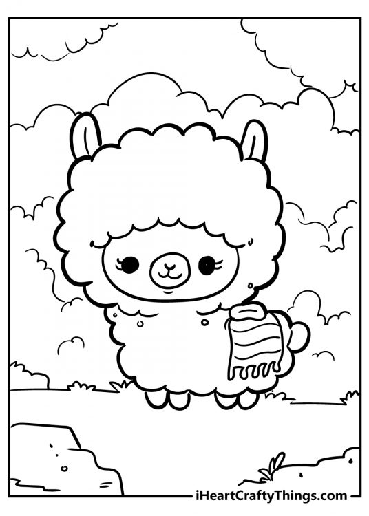 Animal-themed coloring page featuring kawaii little lama in a forest
