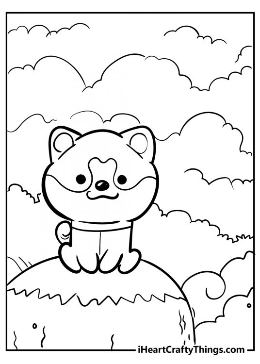 Kawaii smiley little puppy sitting on a stone in the forest coloring page