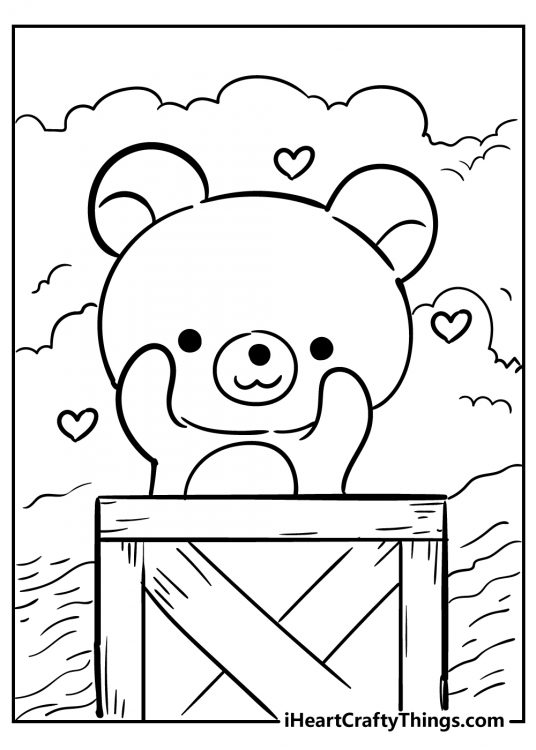 Free printable sheet with kawaii teddy bear standing on a platform over a river and waving