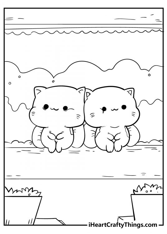 Two adorable kawaii kittens sitting close to each other coloring page