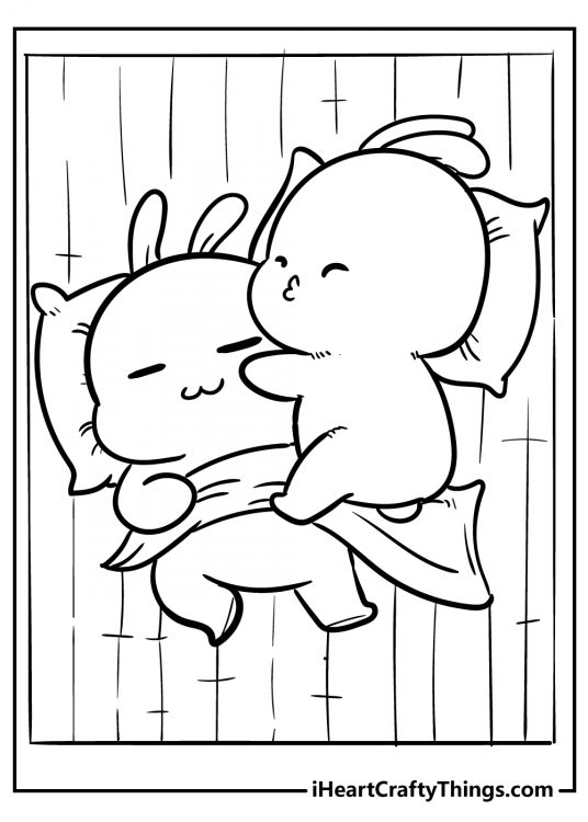Two kawaii bunnies sleeping and hugging in a bed coloring sheet for adults