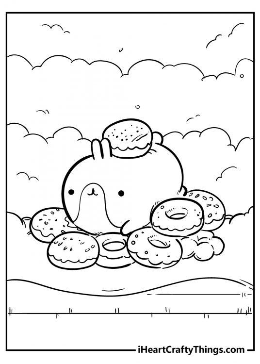 LIttle kawaii bunny laying on a bunch of sweet doughnuts coloring sheet for kids