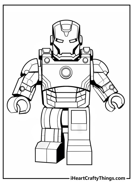 Lego Avengers-themed coloring pdf presenting Avenger Iron Man with his high-tech super suit