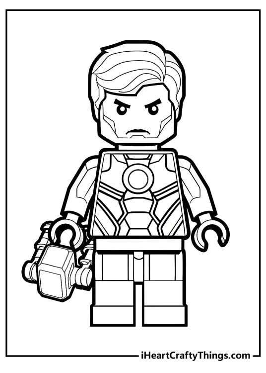 Lego Avengers-themed printable sheet presenting mighty god of thunder Thor holding his hammer