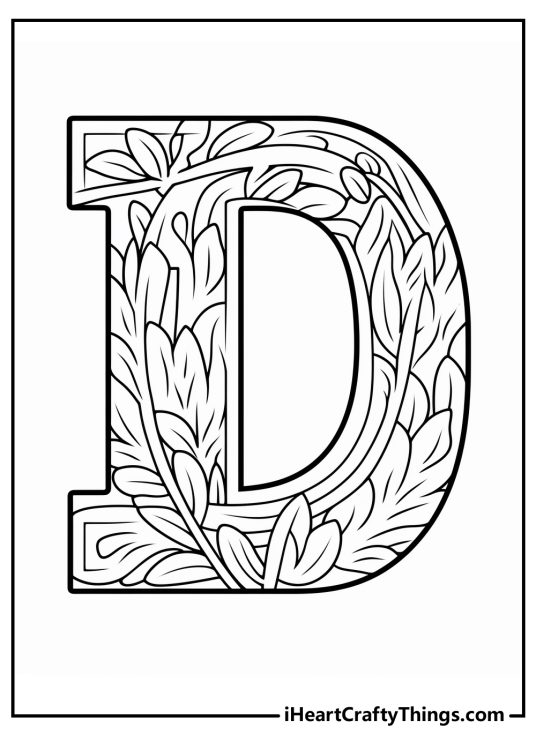 Coloring poster for children featuring large letter D decorated with leafy ornaments