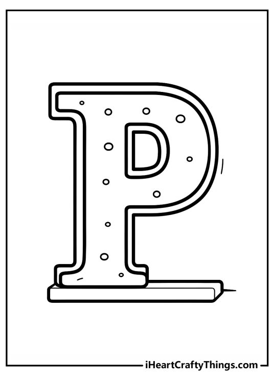 Printable picture featuring letter P dotted with circles standing sturdily on a thin platform