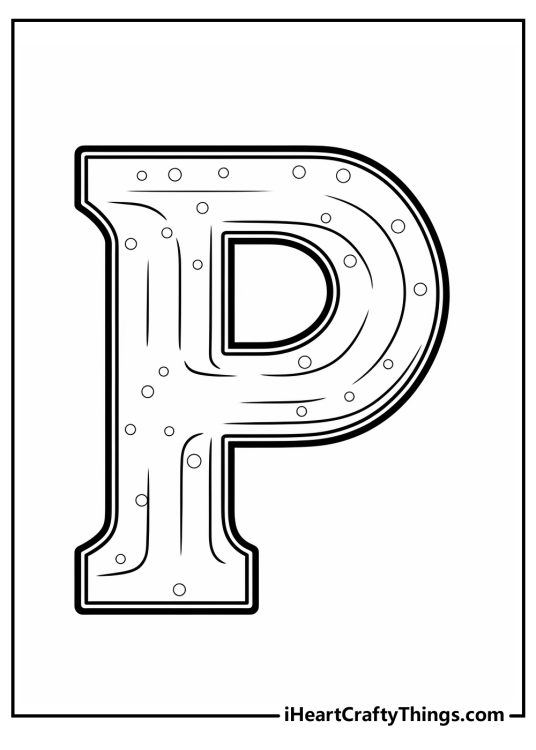 Free coloring image of a fizzy letter P with thick outlines and bubbles all around