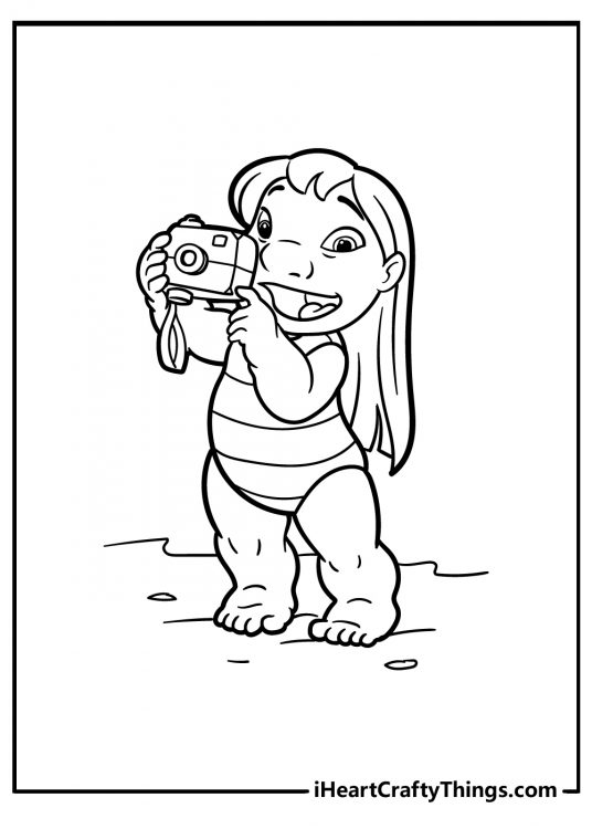 Lilo and Stitch page to color featuring Lilo taking some photos while on the beach