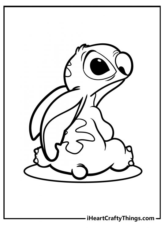 Lilo and Stitch-themed drawing for children featuring Stitch sitting with back turned to us looking a bit uncertain