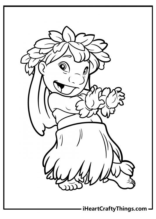 Lilo and Stitch printable page featuring Lilo wearing Hawaiian theme outfit and enjoying a dance