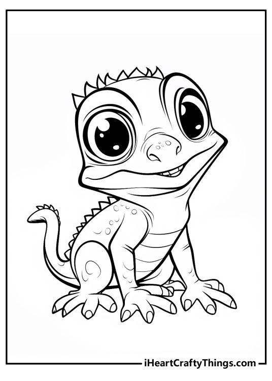 Coloring page featuring adorable little spiky lizard smiling with its head slightly tilted to the side