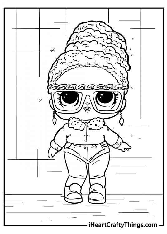 LOL Doll coloring sheet presenting trendy doll wearing stylish glasses and earrings