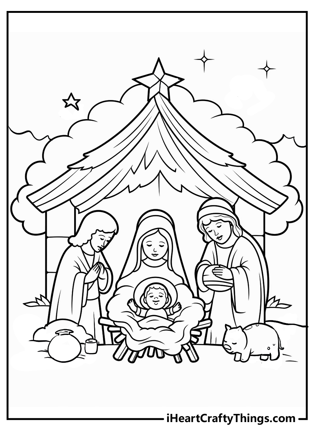 Vector coloring book. Christmas scene. Nativity. Holy family, Joseph, Mary  and newborn Jesus drawing in kids style. Stock Vector | Adobe Stock