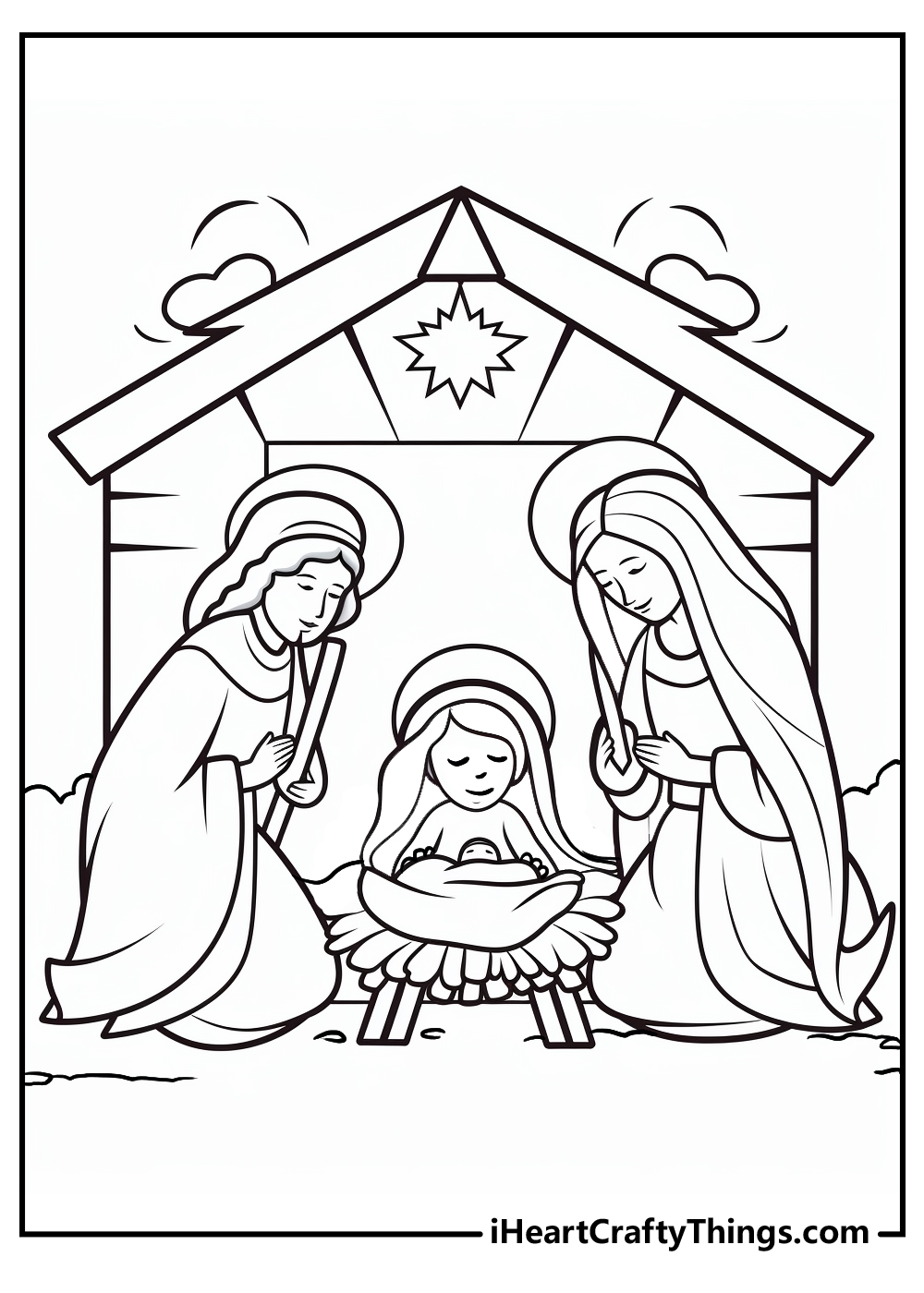 Nativity-themed page to color depicting holy family in the stable kneeling in prayer beside the manger