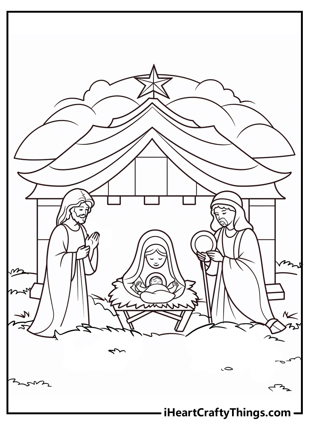 black-and-white nativity coloring printable