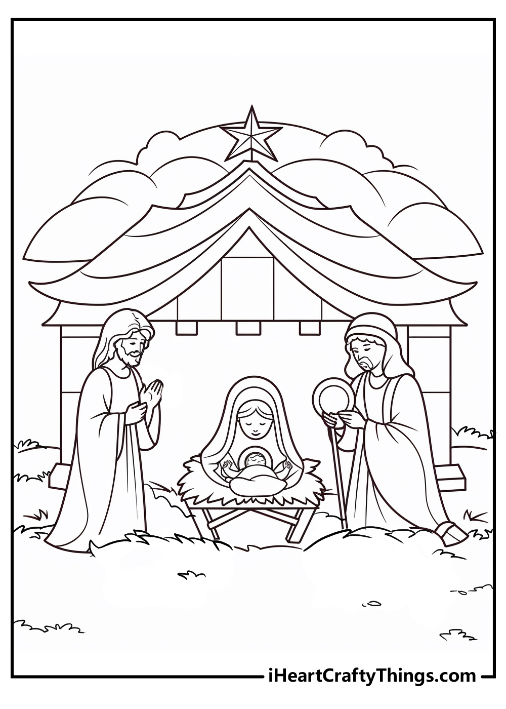 Nativity-themed printable picture featuring Mary and Joseph gazing at baby Jesus in the manger