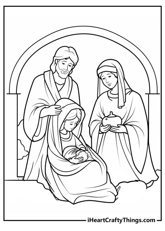 Nativity-themed image depicting a special moment of Mary holding her baby and Joseph standing behind them