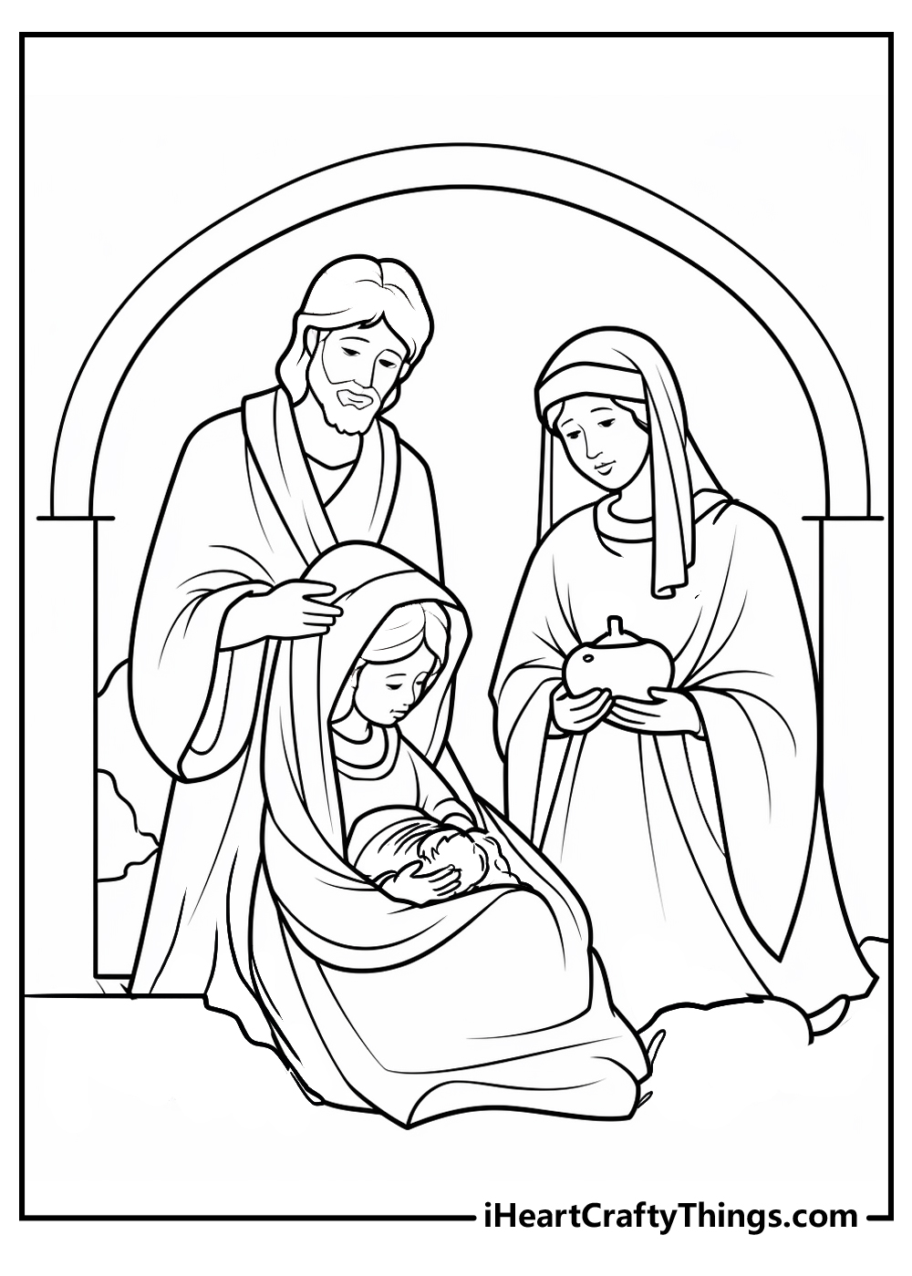 Nativity-themed image depicting a special moment of Mary holding her baby and Joseph standing behind them