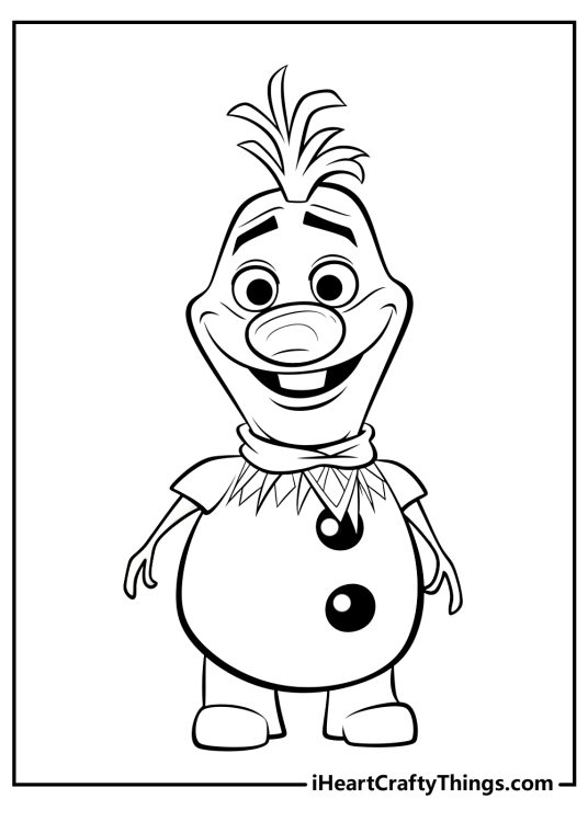 Free printable coloring page featuring portrayal of an overjoyed Olaf with wide smiling face