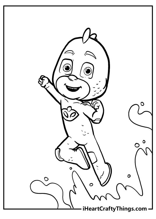 PJ Masks-themed coloring picture featuring Night Ninja leaping high up into the night sky