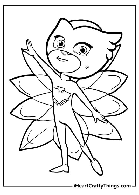 PJ Masks printable featuring graceful Owlette posing with arms outstretched and head tipped back