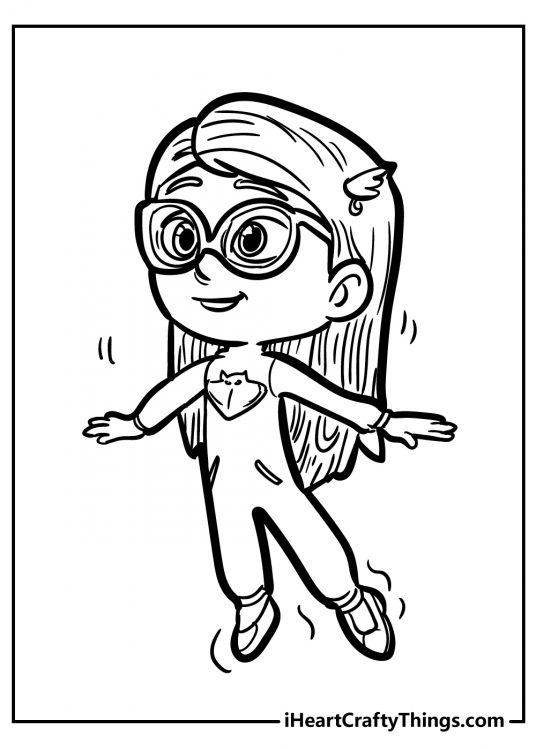 PJ Masks coloring picture for kids featuring girl Amaya wearing owl-themed suit and glasses
