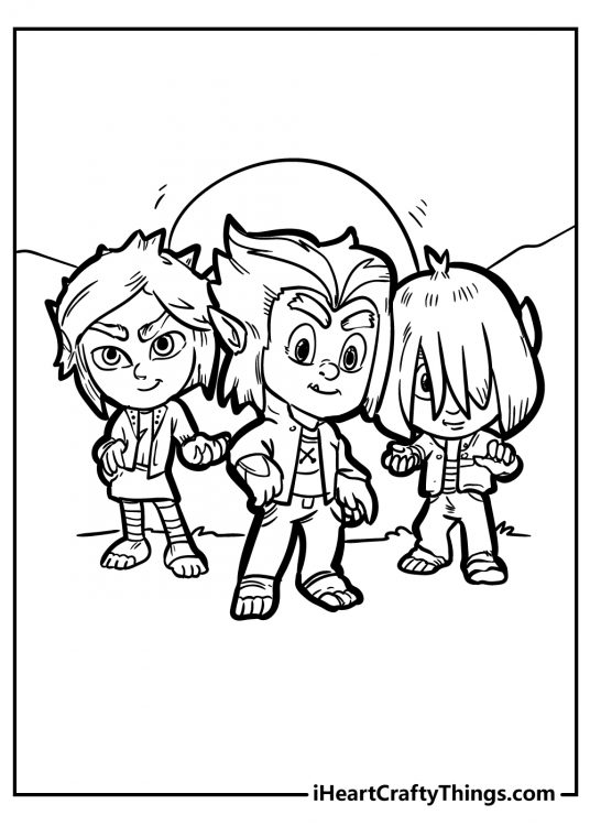 PJ Masks-themed coloring sheet featuring three siblings The Wolfy Kids with a full moon behind them