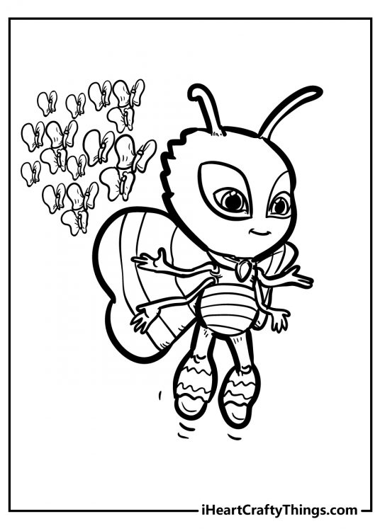 Detailed PJ Masks coloring picture for kids presenting moth-themed villain Motsuki