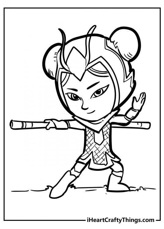 PJ Masks-themed coloring page for kids featuring master fighter An Yu striking a cool pose