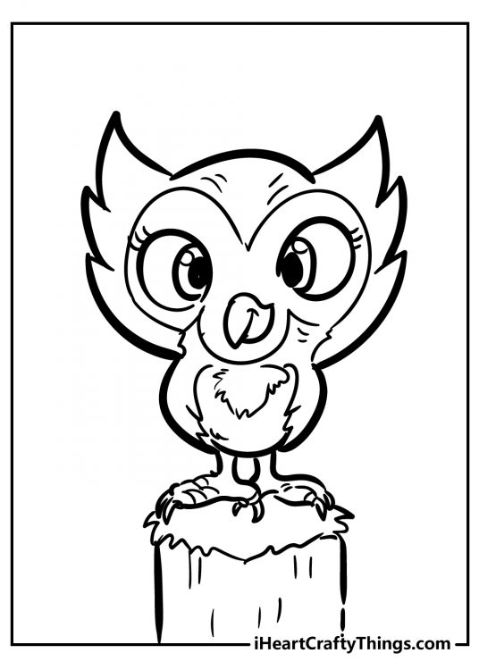 PJ Masks-inspired coloring sheet presenting cute cartoony owl sitting on a tree stump