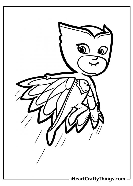Picture to print and color featuring PJ Masks character Owlette flying high in the sky