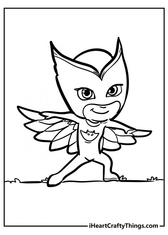 Coloring page for pre-schoolers featuring PJ Masks character Owlette striking a cool pose