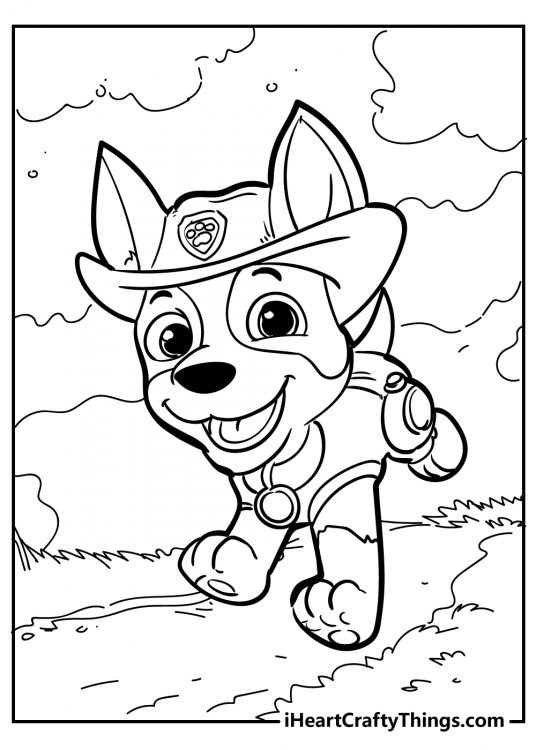Printable pdf for children featuring adventurous Tracker from the Paw Patrol running happily