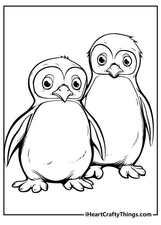 Image of a two realistic penguins standing side by side with sad facial expressions