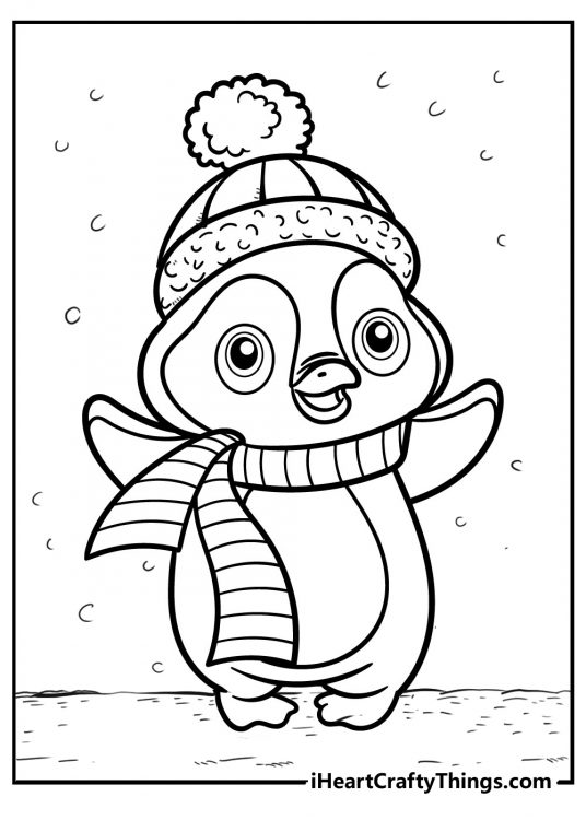 Coloring page for kids featuring an adorable little penguin wearing warm hat and scarf on a snowy day